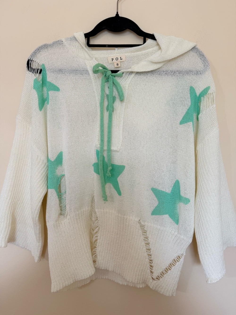 POL White Knit Hooded Sweater with Mint Green Stars